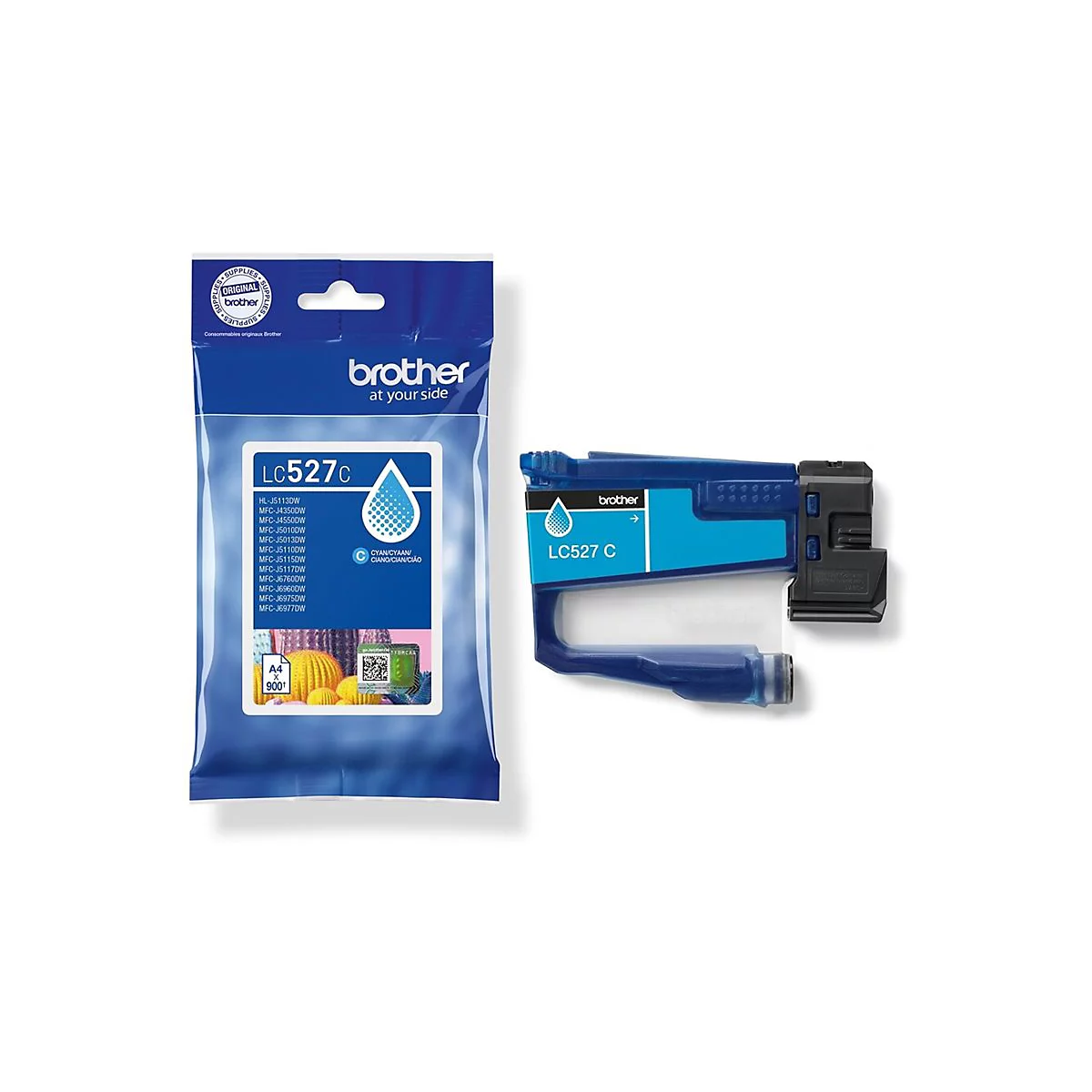 Blaue Brother LC527C Tintenpatrone in Originalverpackung vor weißem Hintergrund.