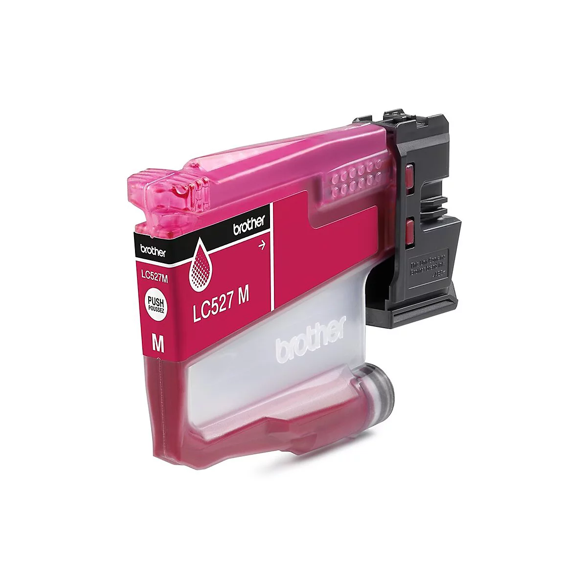 Eine magenta Tintenpatrone, Marke Brother, Modell LC527M. Aufschrift: "PUSH Poussez", "M".