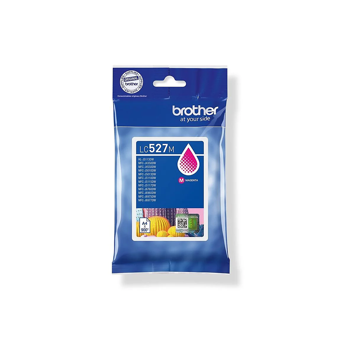 Magenta Brother Tintenpatrone LC527M in blauer Originalverpackung mit Druckermodellliste und Sicherheitshologramm.