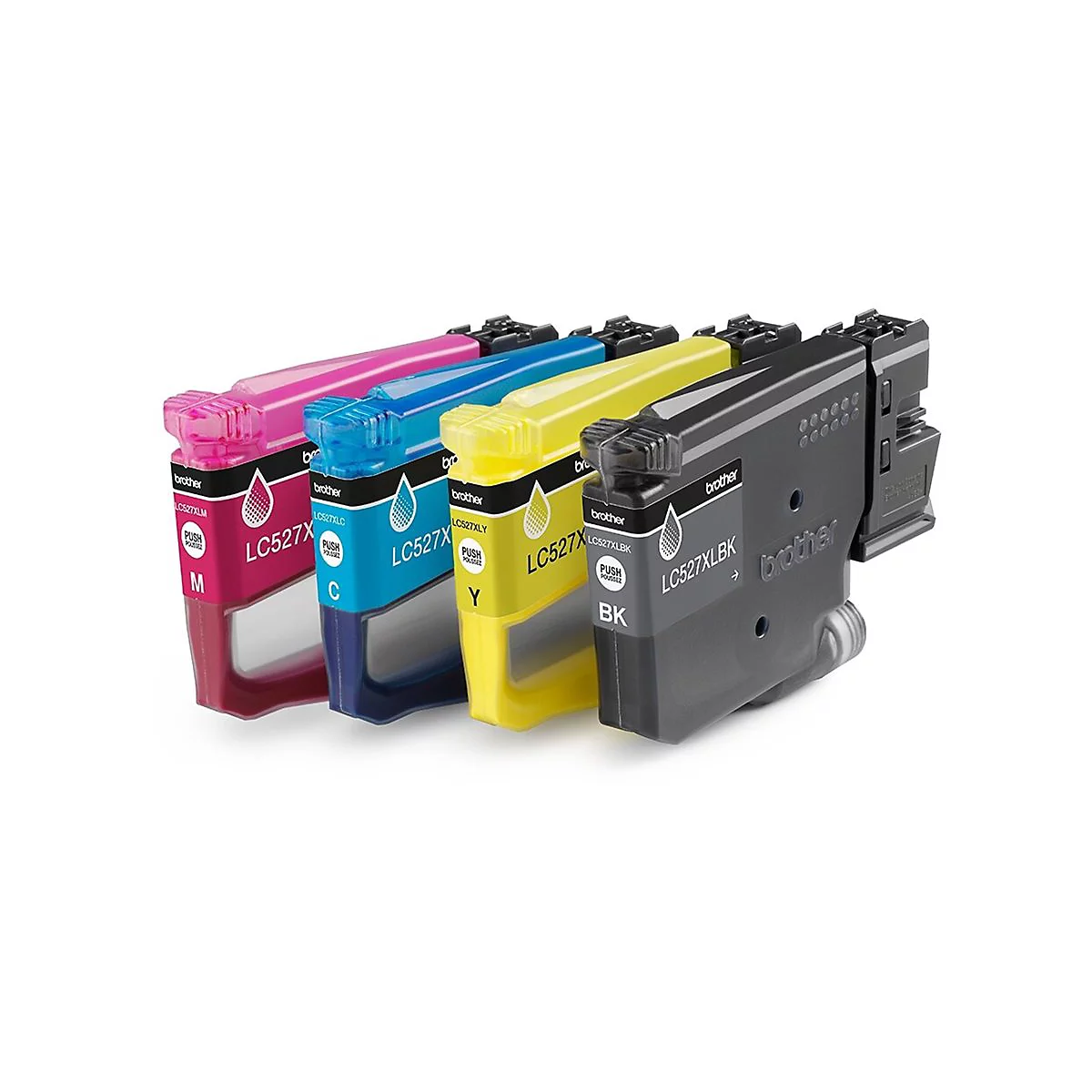 Vier Tintenpatronen von Brother in den Farben Pink, Blau, Gelb und Schwarz. Auf jeder Patrone stehen Produktbezeichnungen und Logos.