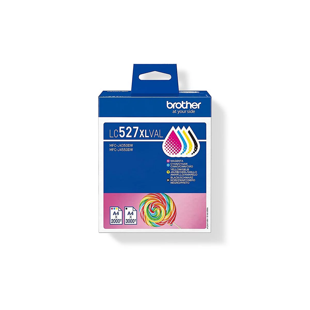 Brother LC527XLVAL Tintenpatronen-Multipack vor weißem Hintergrund.