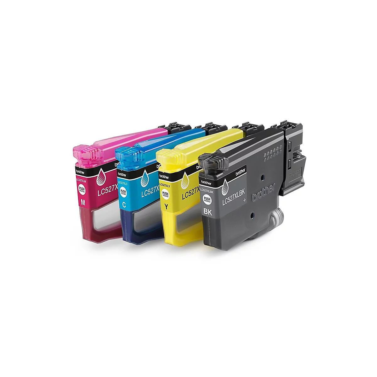 Vier Brother LC527XL Tintenpatronen in Magenta, Cyan, Gelb und Schwarz vor weißem Hintergrund.