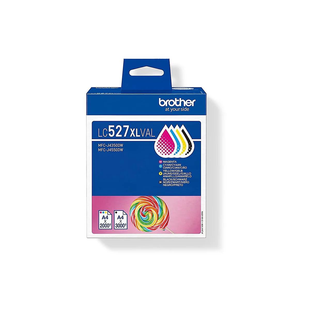 Tintenpatronen-Packung von Brother, blau-weiß, mit farbigen Tintentröpfchen und Schriftzügen.