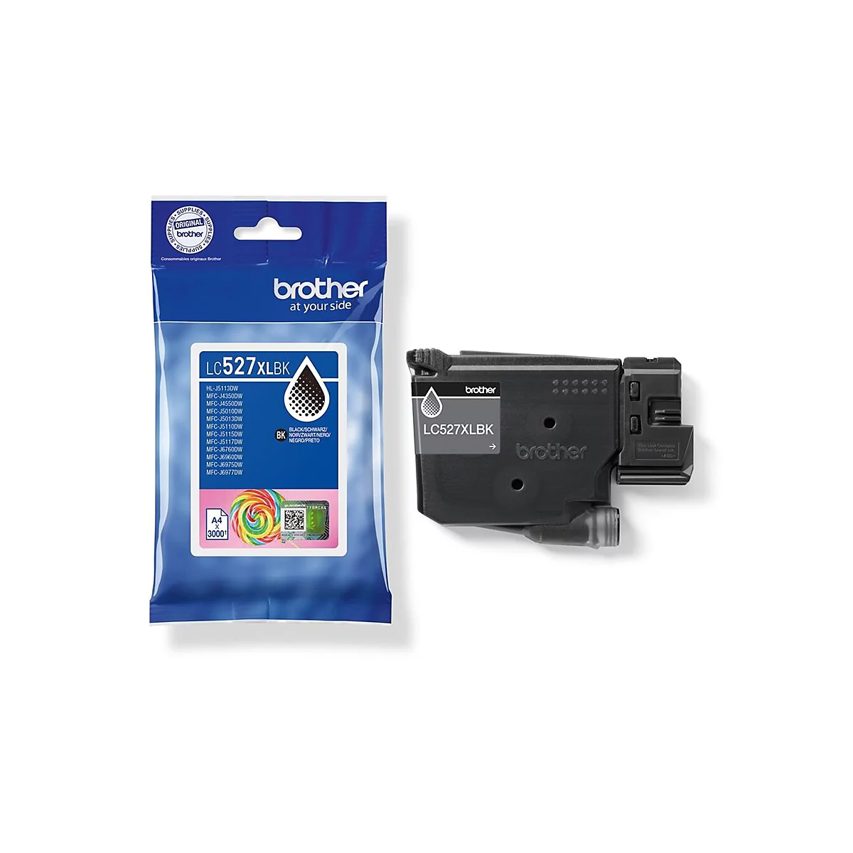 Brother Tintenpatrone LC527XLBK in blauer Originalverpackung neben der schwarzen Patrone.
