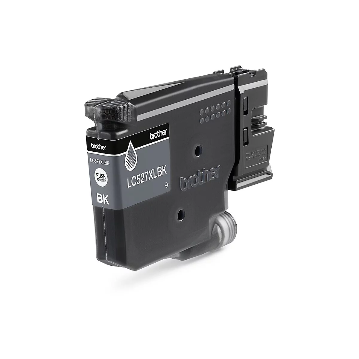 Schwarze Brother LC527XLBK Tintenpatrone vor neutralem Hintergrund.