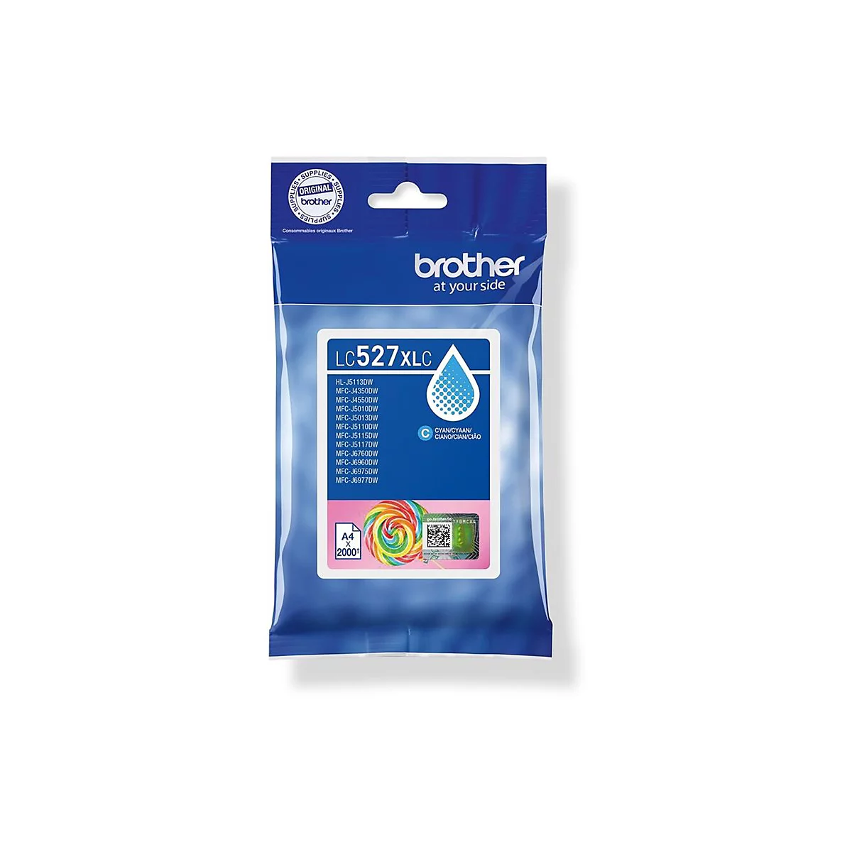 Blaue Brother Tintenpatrone LC527XLC in Originalverpackung mit Typenbezeichnungen und bunten Lollibild.
