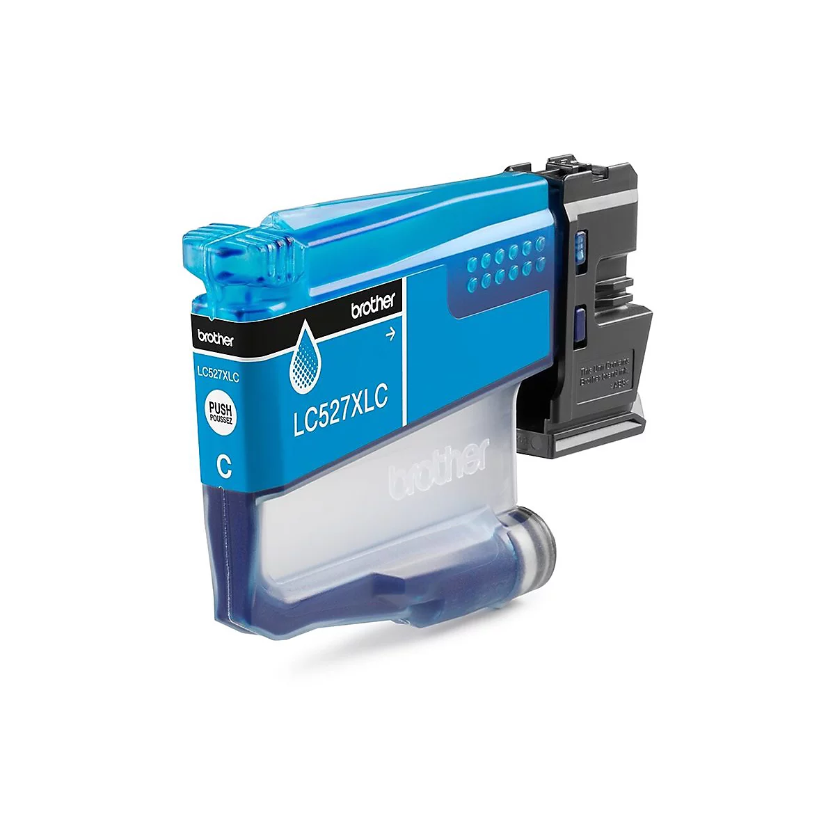 Blaue Brother Tintenpatrone LC527XLC, teilweise transparent. Aufschrift: LC527XLC, Brother und C. Rechts ein schwarzer Halter.