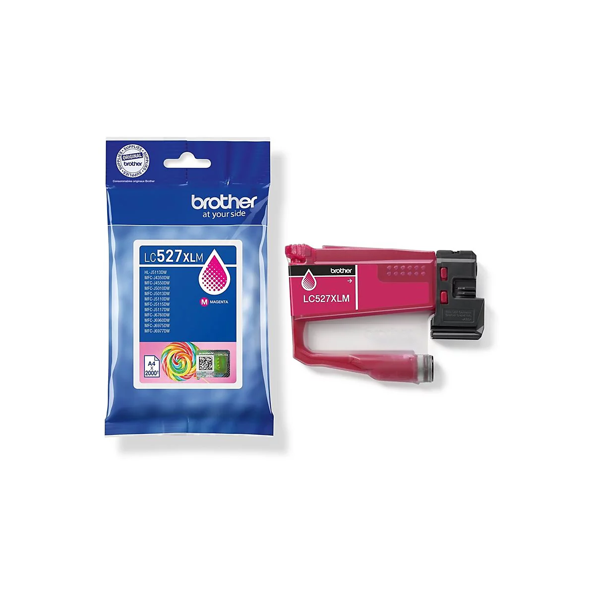 Brother LC527XLM Magenta Tintenpatrone neben ihrer blauen Verpackung auf weißem Hintergrund.