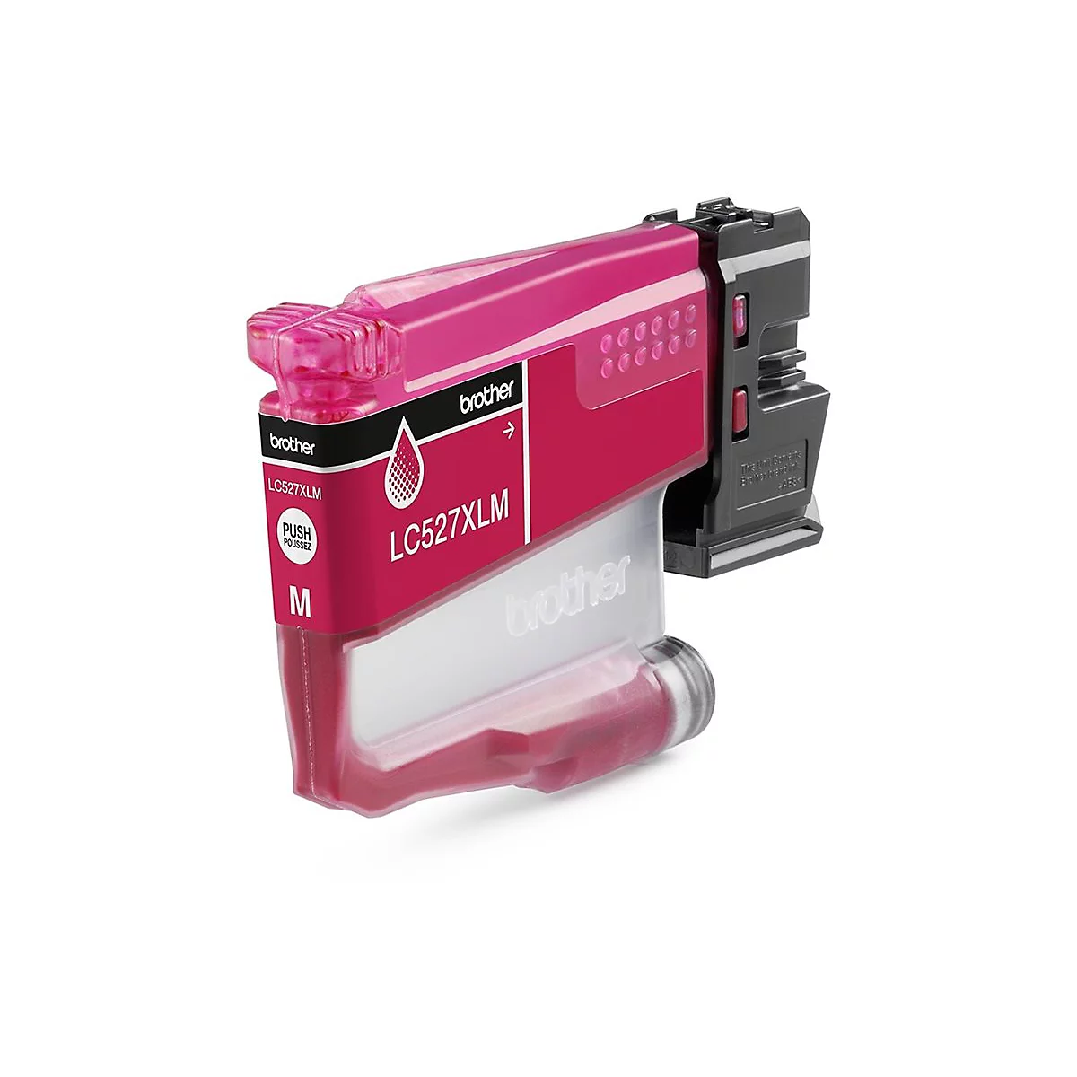 Magenta Brother LC527XLM Tintenpatrone vor weißem Hintergrund.