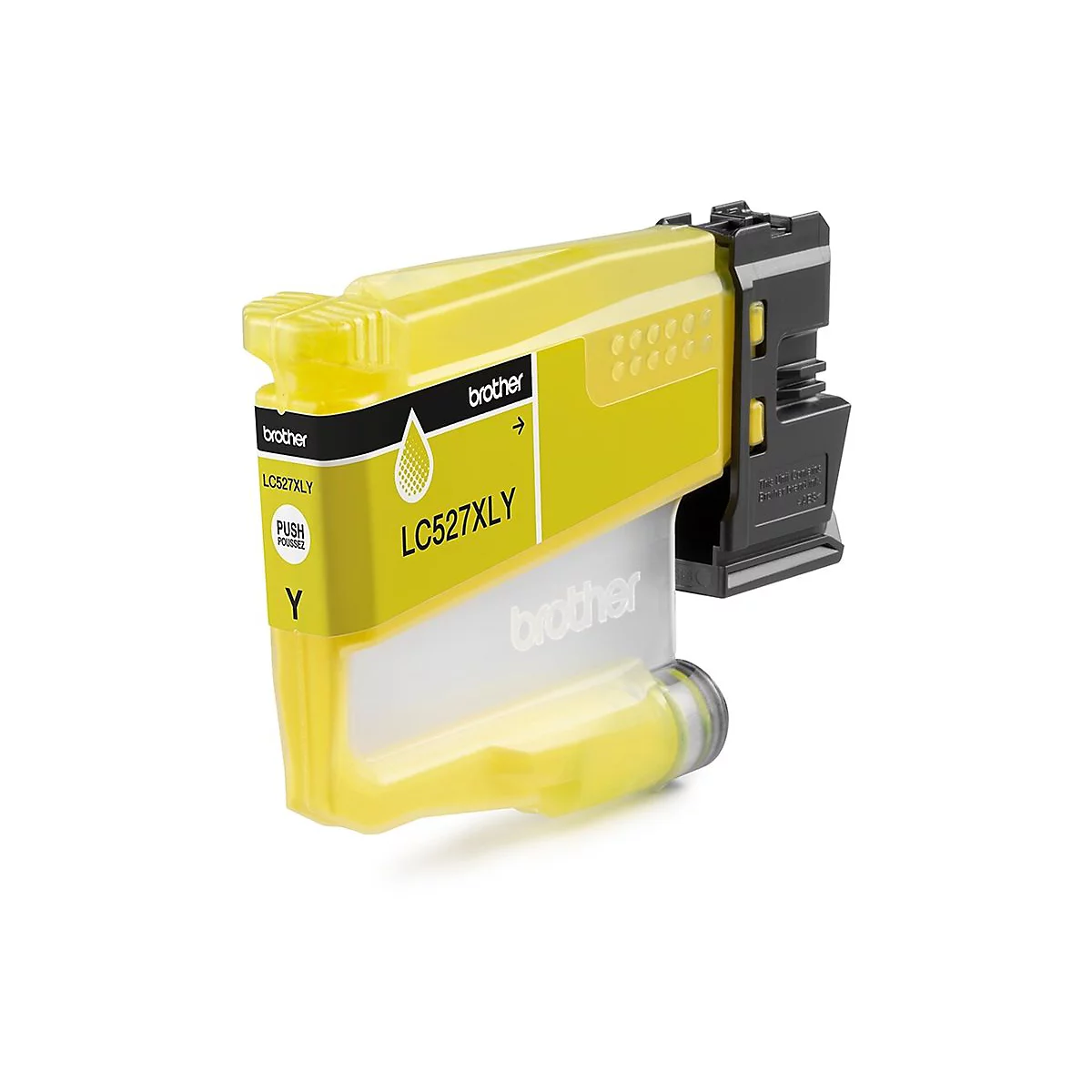 Gelbe Brother Tintenpatrone LC527XLY. Aufdrucke: Brother, LC527XLY, Push/Poussez, Y.