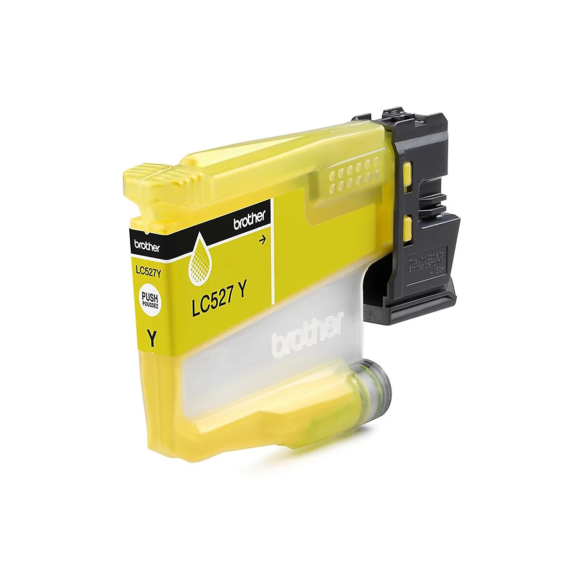 Gelbe Brother Tintenpatrone LC527Y mit Aufschrift. Auf weißem Hintergrund. Schwarzer Halter.