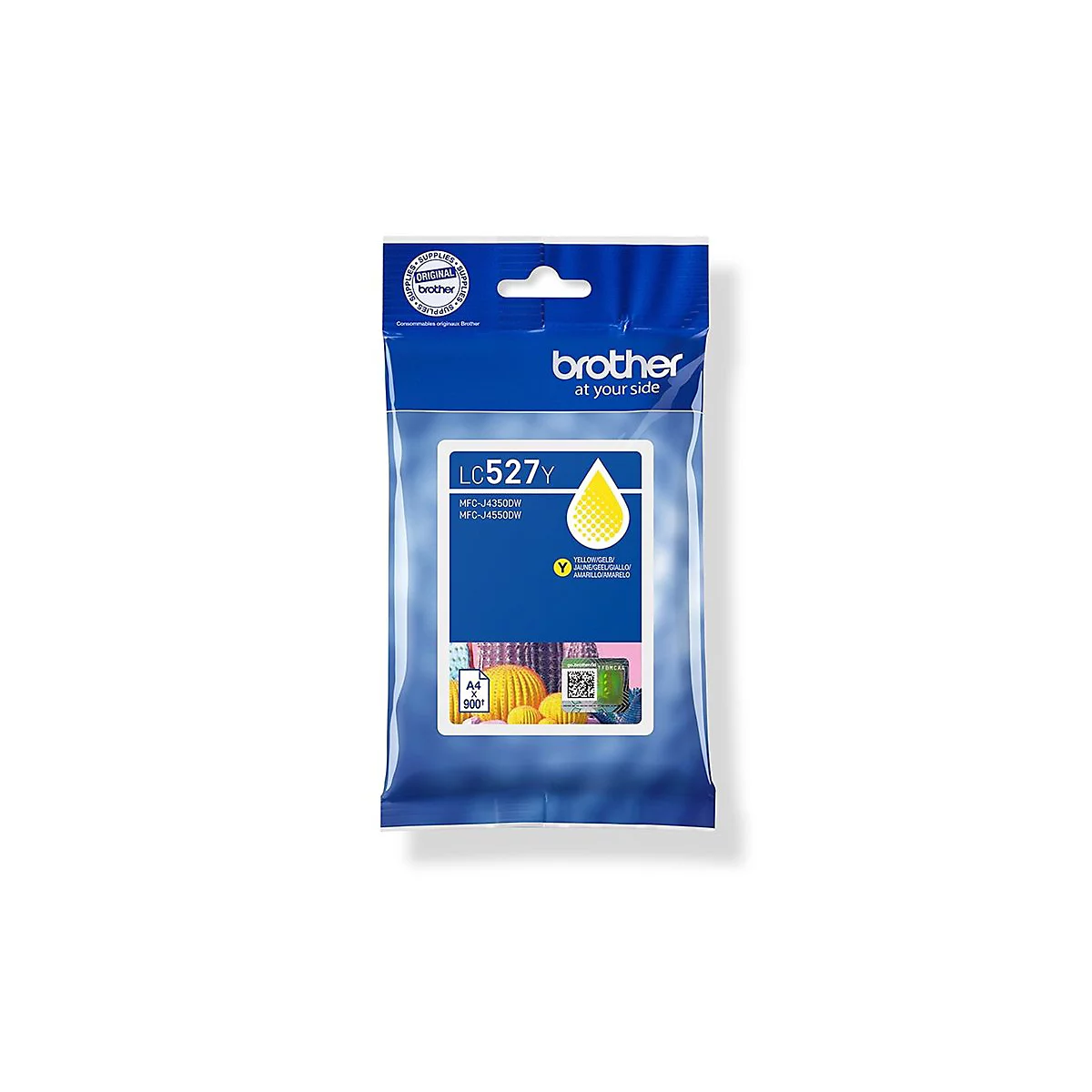Gelbe Brother Druckerpatrone LC527Y in blauer Originalverpackung vor weißem Hintergrund.