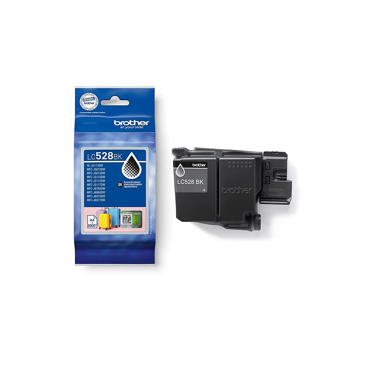 Brother LC528BK schwarze Tintenpatrone neben der blauen Originalverpackung vor weißem Hintergrund.