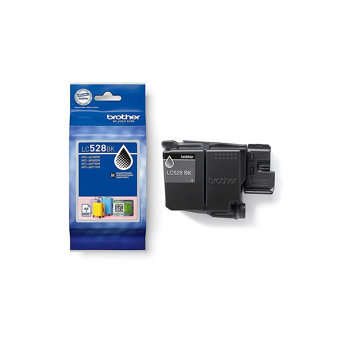 Schwarze Brother Druckerpatrone LC528BK neben der Verpackung. Aufdruck: LC528BK, Brother. Auf der Verpackung steht u.a. A4 und 6000.