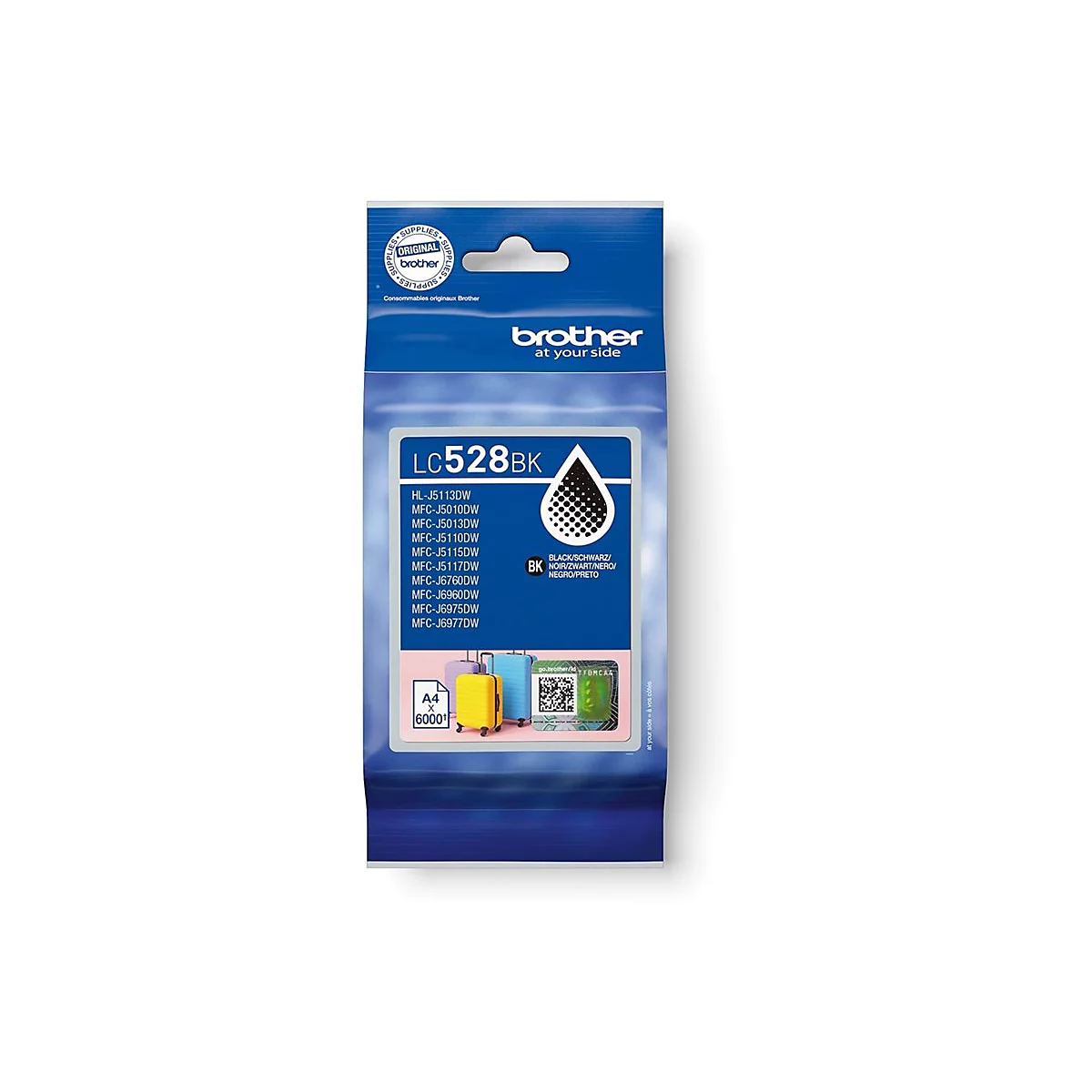 Blaue Brother LC528BK Tintenpatronen-Verpackung mit Typenbezeichnung und Druckerkompatibilitätsliste.