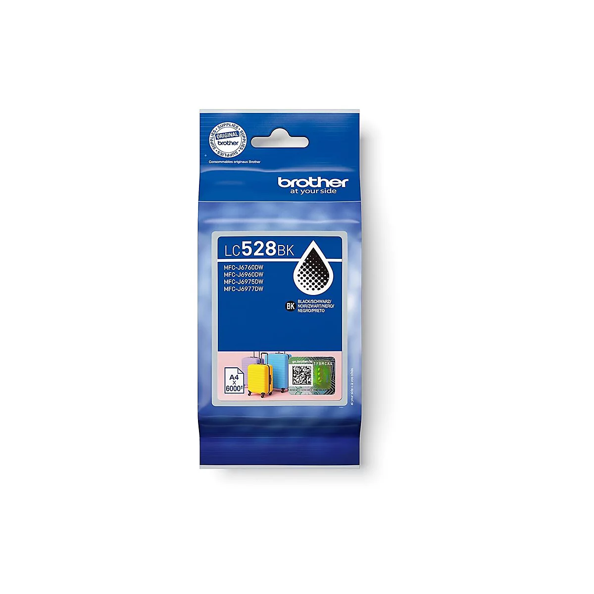 Schwarze Brother Tintenpatrone LC528BK. Blaue Verpackung, Logo, Produktbezeichnung, und technische Daten.