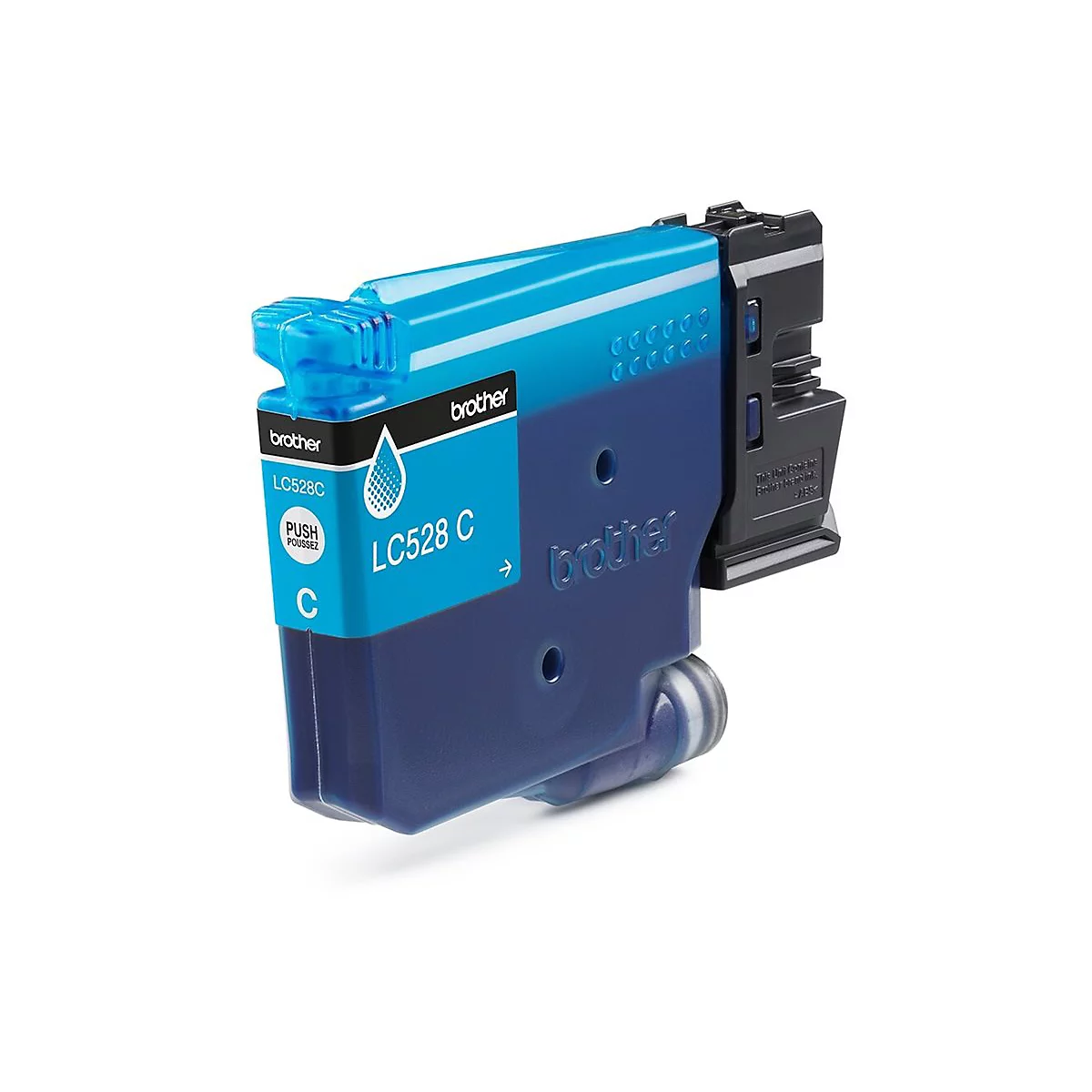 Blaue Brother Tintenpatrone LC528 C. Schriftzüge: "LC528 C", "PUSH", "POUSSEZ", "brother".