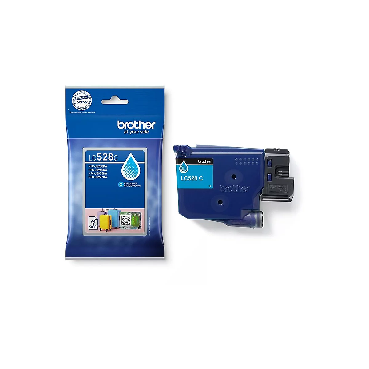 Blaue Brother Tintenpatrone LC528C neben ihrer ungeöffneten Verpackung.