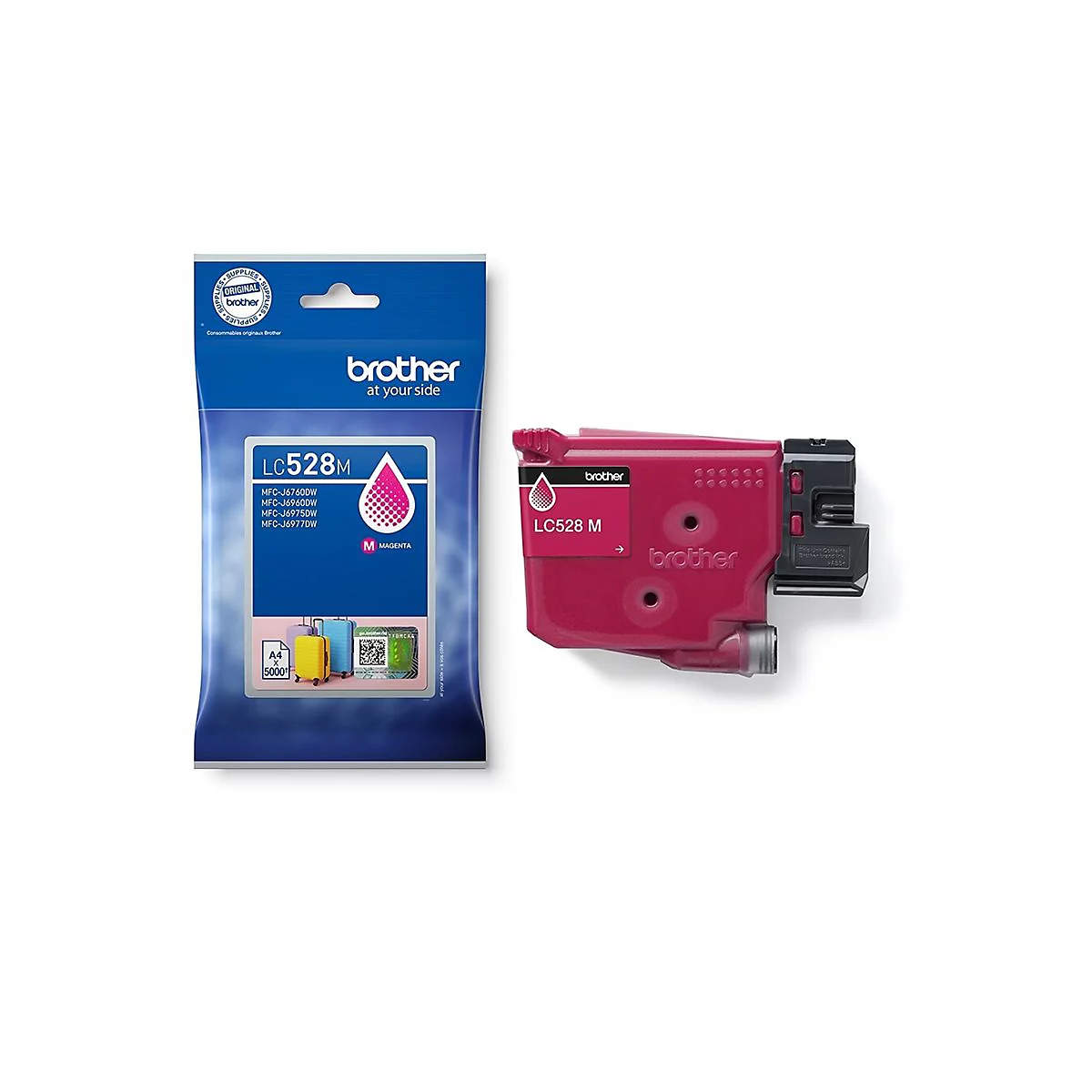 Brother LC528M Magenta Tintenpatrone neben ihrer blauen Originalverpackung vor weißem Hintergrund.