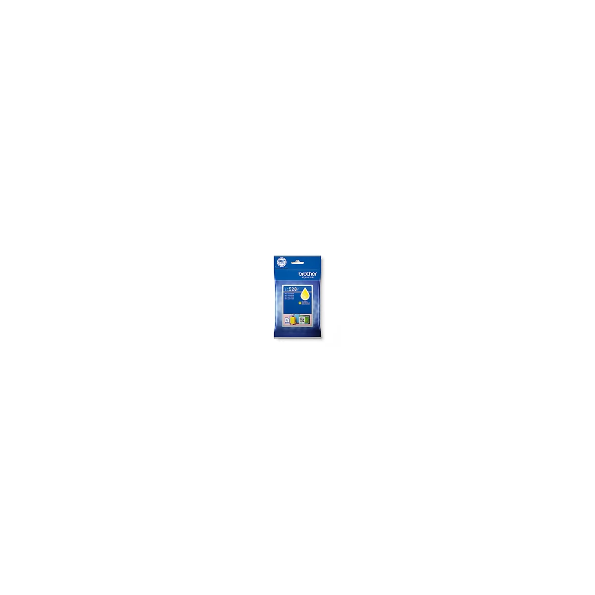 Gelbe Tintenpatrone LC528Y in blauer Verpackung, mit Logo und Schriftzug.
