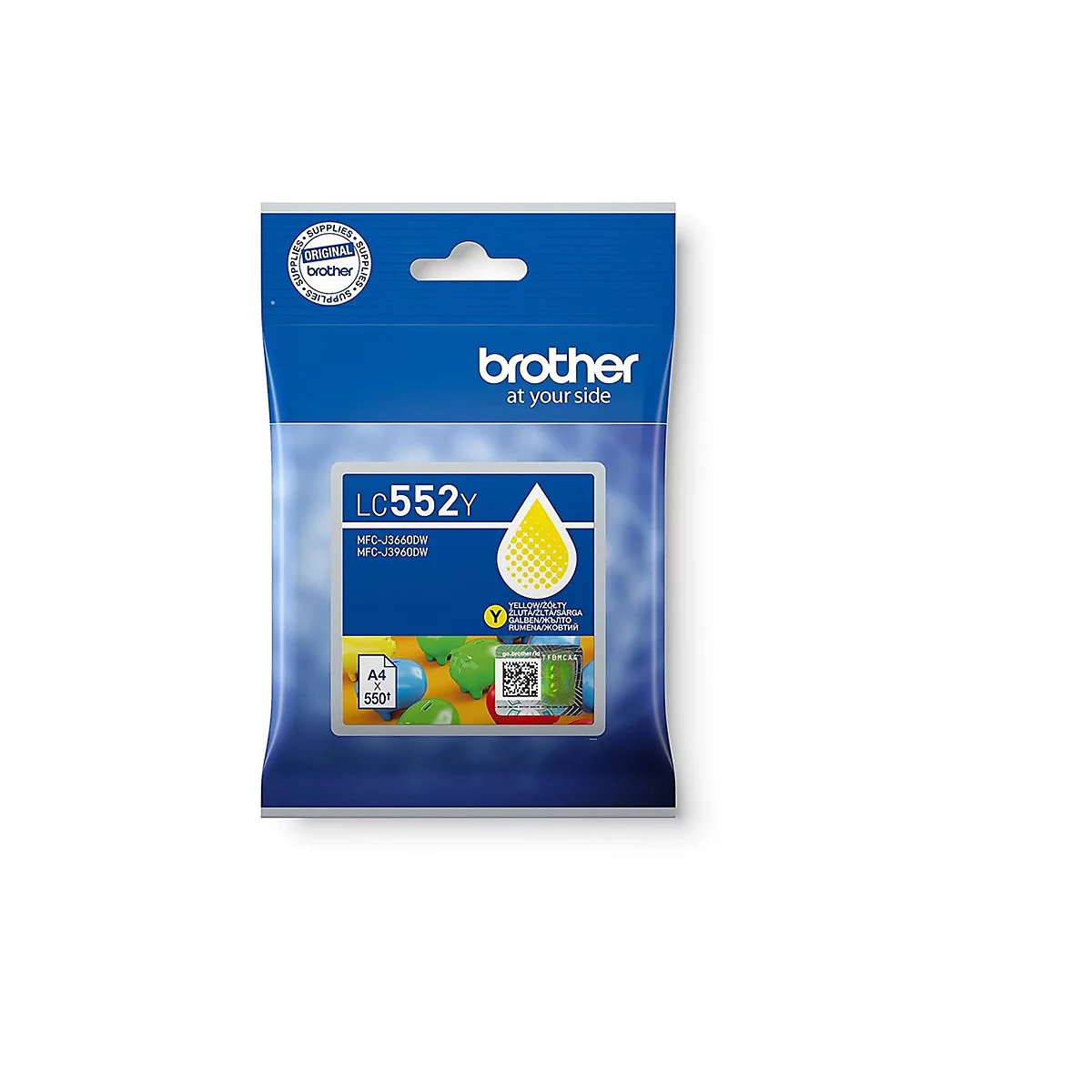 Gelbe Brother Druckerpatrone LC552Y in Originalverpackung.