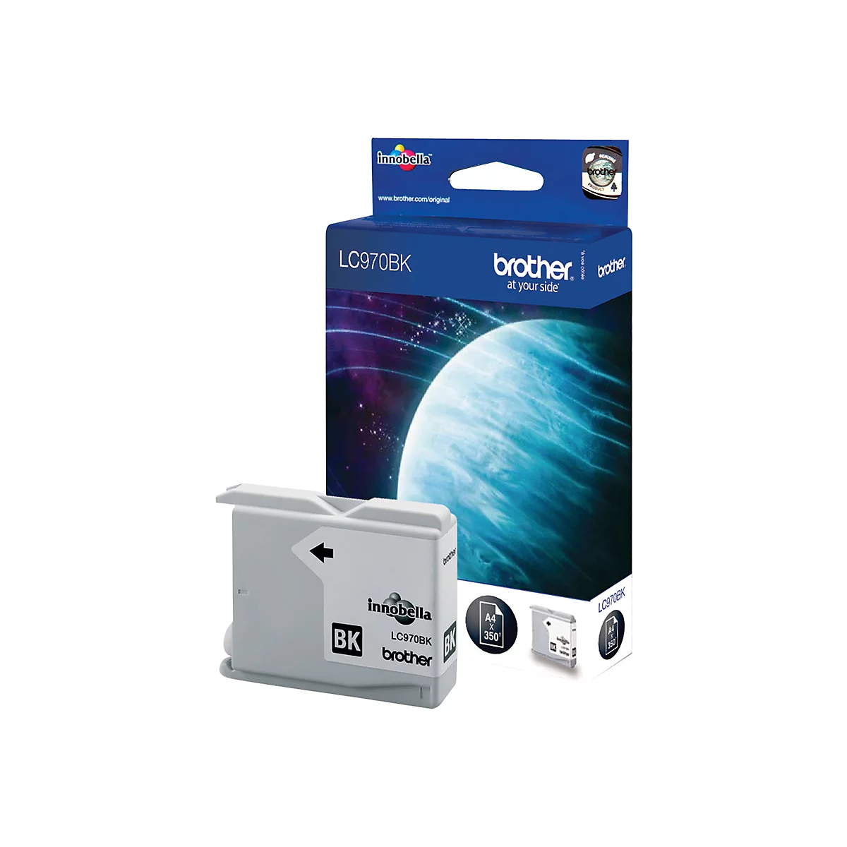 Schwarze Tintenpatrone und Verpackung von Brother. Die Verpackung zeigt blaue und violette Elemente. Die Patrone trägt die Aufschrift LC970BK.