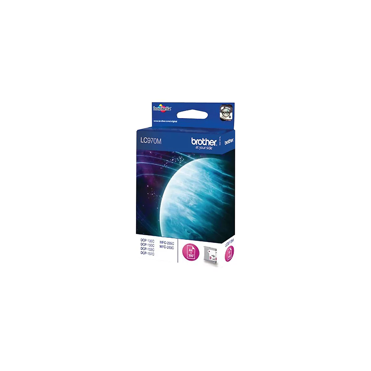Verpackung einer Brother-Druckerpatrone mit Texten, Logo und Hintergrunddesign.