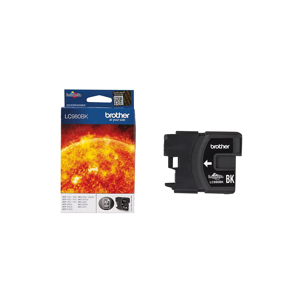 Schwarze Tintenpatrone und Verpackung von Brother. Die Verpackung zeigt eine Sonne, die Patrone den Namen LC980BK.