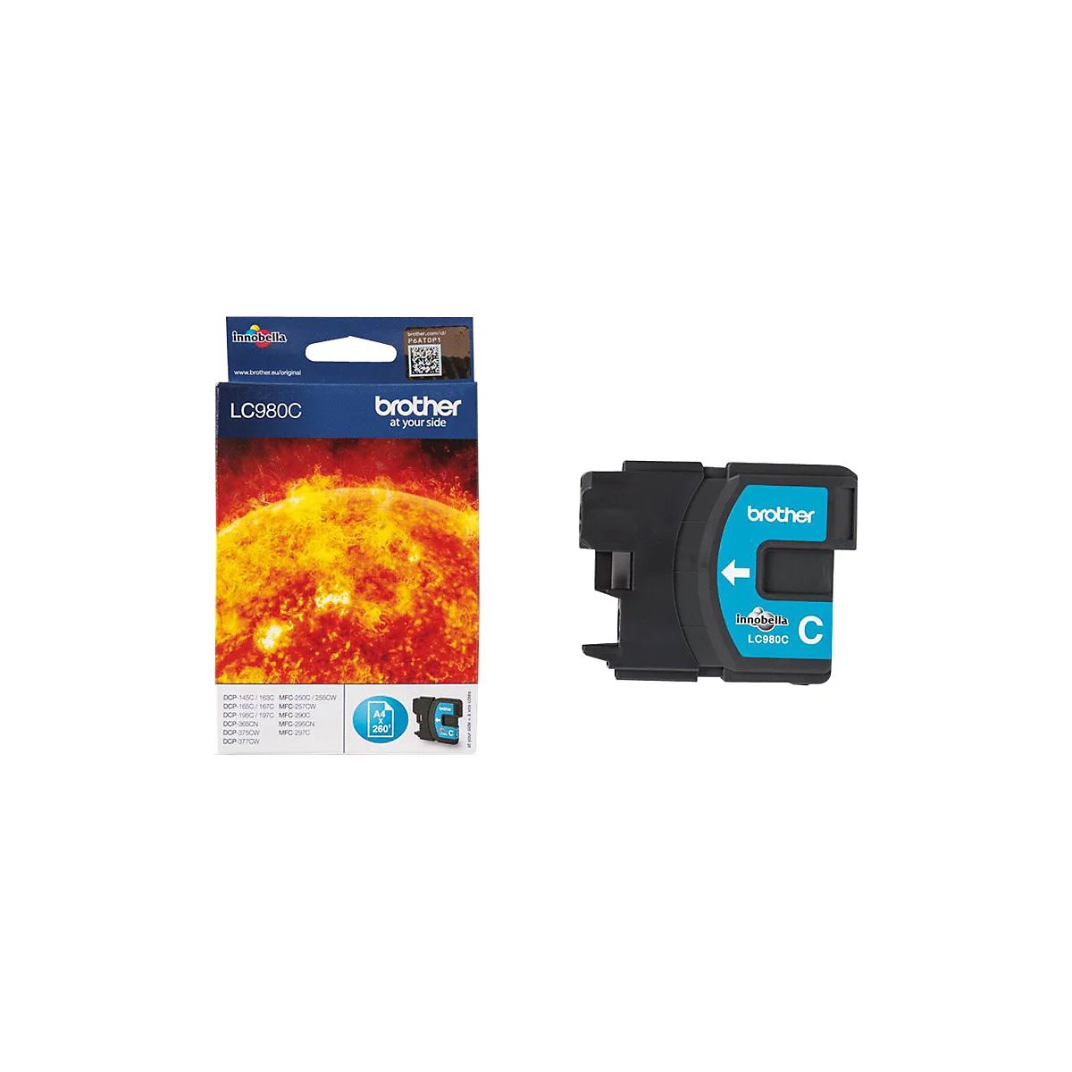 Zwei Tintenpatronen und Verpackung. Links: Verpackung mit Sonnenmotiv. Rechts: blaue Tintenpatrone mit weißem Pfeil.