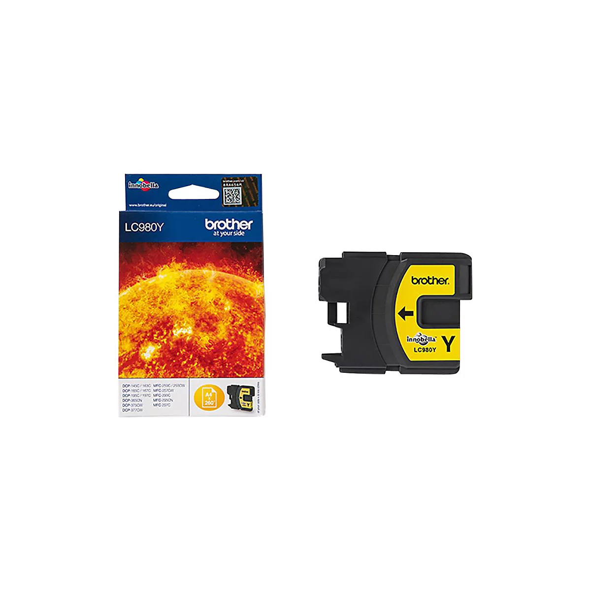 Gelbe Brother Tintenpatrone LC980Y und dazugehörige Verpackung vor weißem Hintergrund.