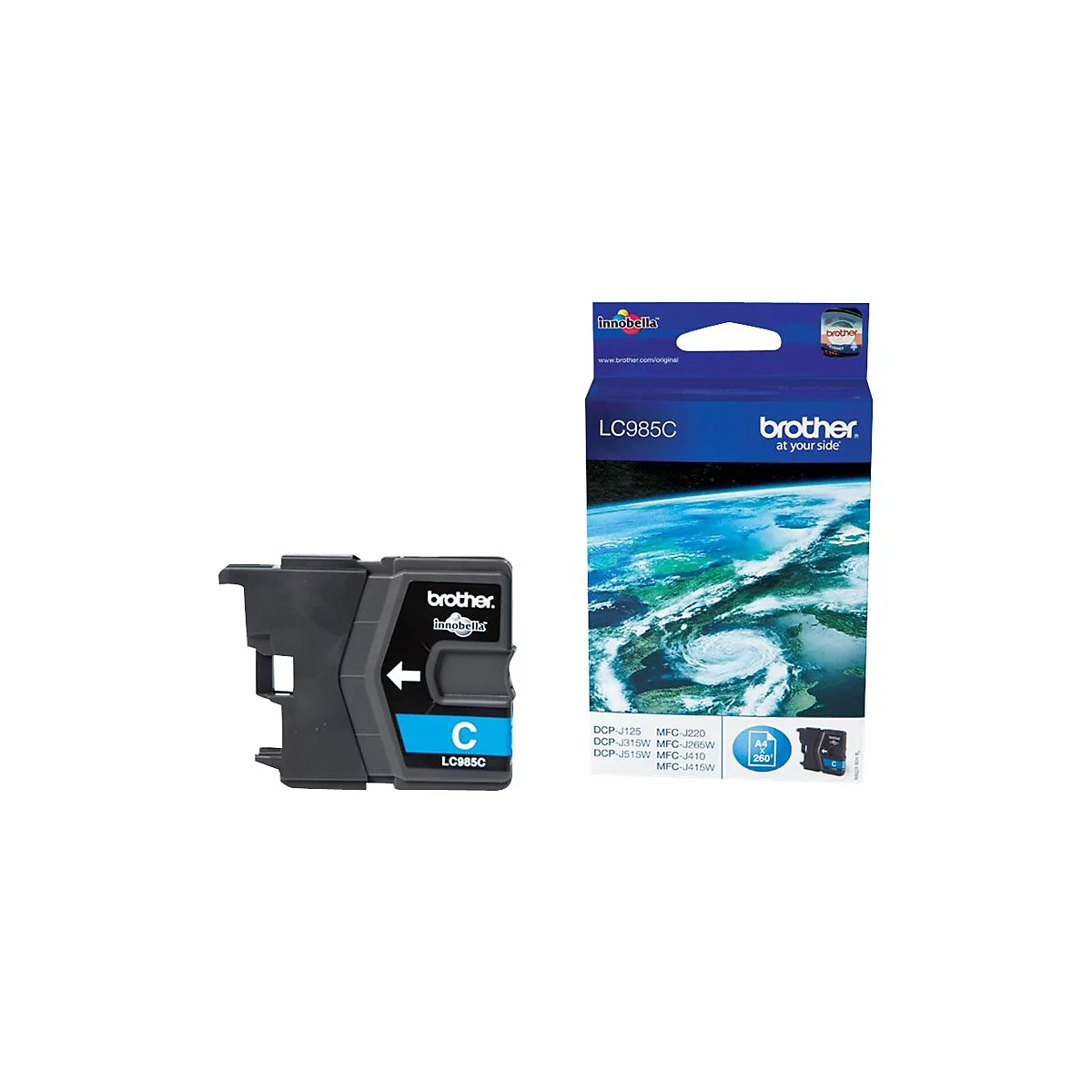 Blau-schwarze Druckerpatrone und Verpackung. Aufgedruckt: LC985C, Brother.