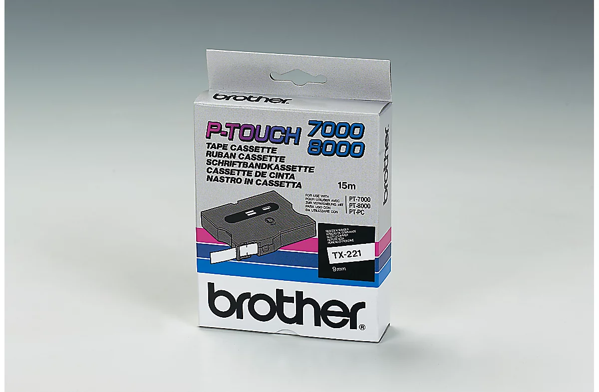Brother lint beletteringssysteem TX-221, 9 mm breed, wit/zwart