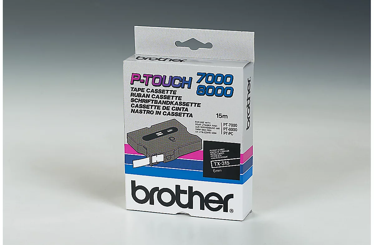 Brother lint beletteringssysteem TX-315, 6 mm breed, zwart/wit