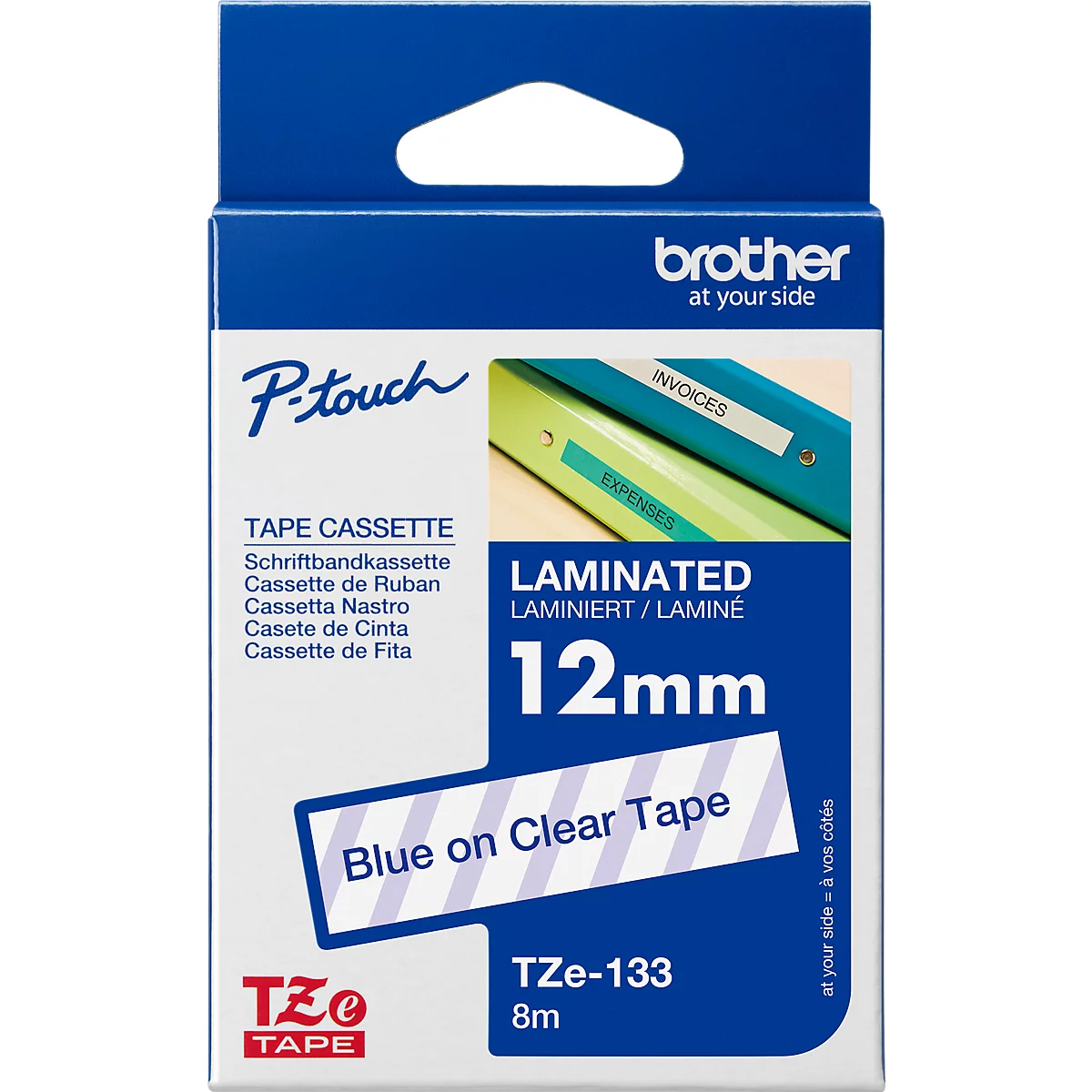 Brother lint beletteringssysteem TZe-133, 12 mm breed, kleurloos/blauw