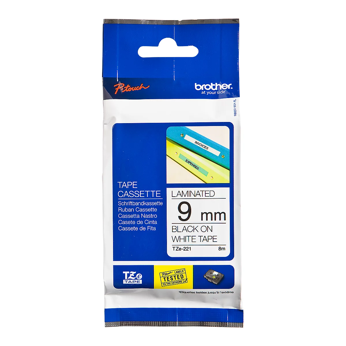 Brother lint beletteringssysteem TZe-221, 9 mm breed, wit/zwart