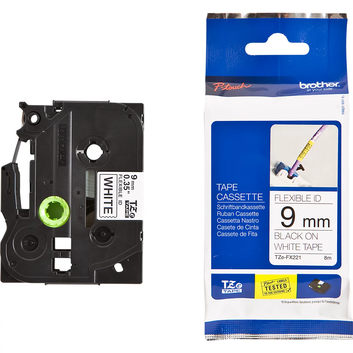 Brother lint beletteringssysteem TZe-FX221, 9 mm breed, wit/zwart