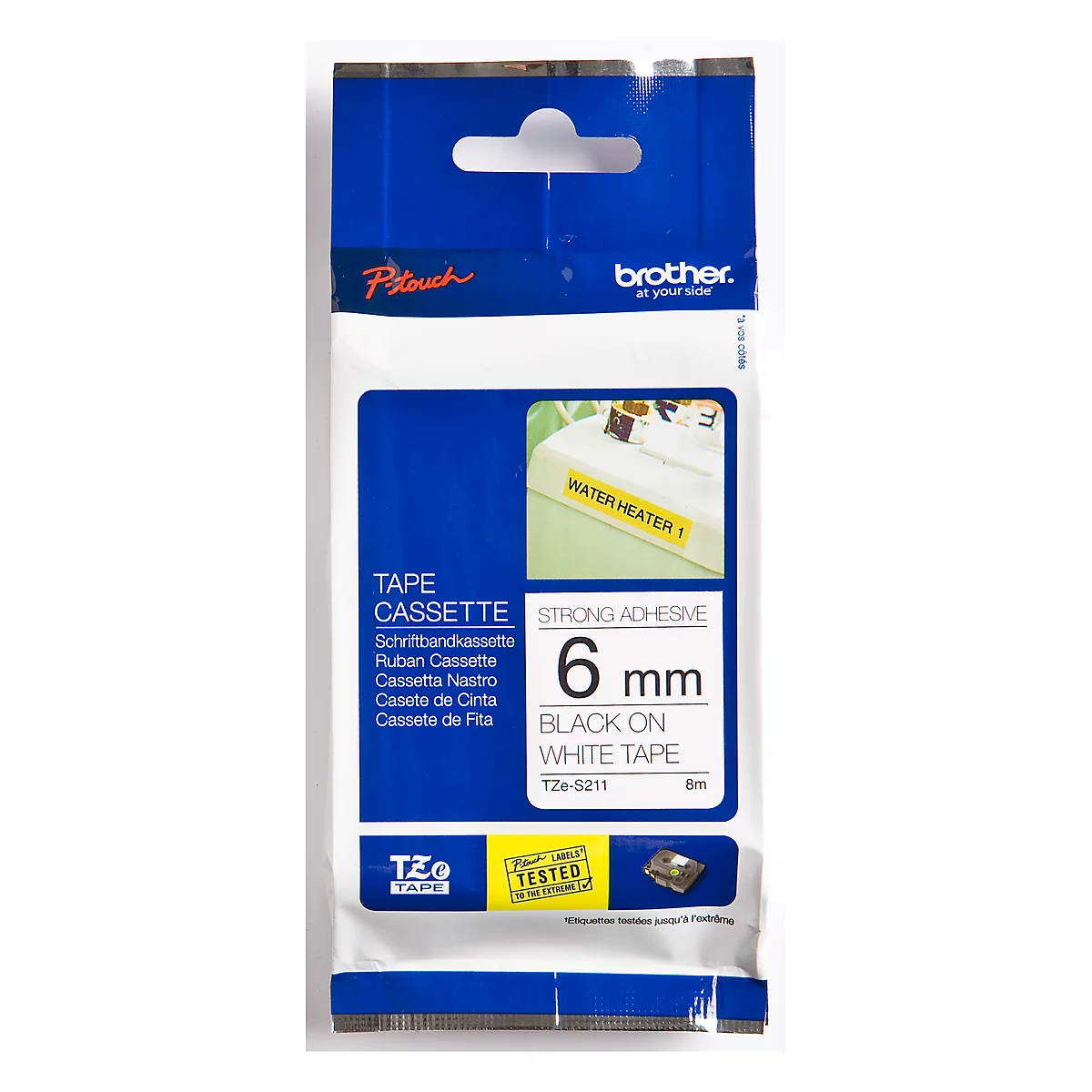 Brother lint beletteringssysteem TZe-S211, 6 mm breed, wit/zwart
