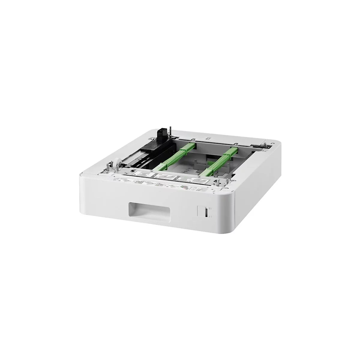 Weißes Gehäuse einer Maschine mit grünen Bauteilen, Aussparungen und schwarzen Elementen.