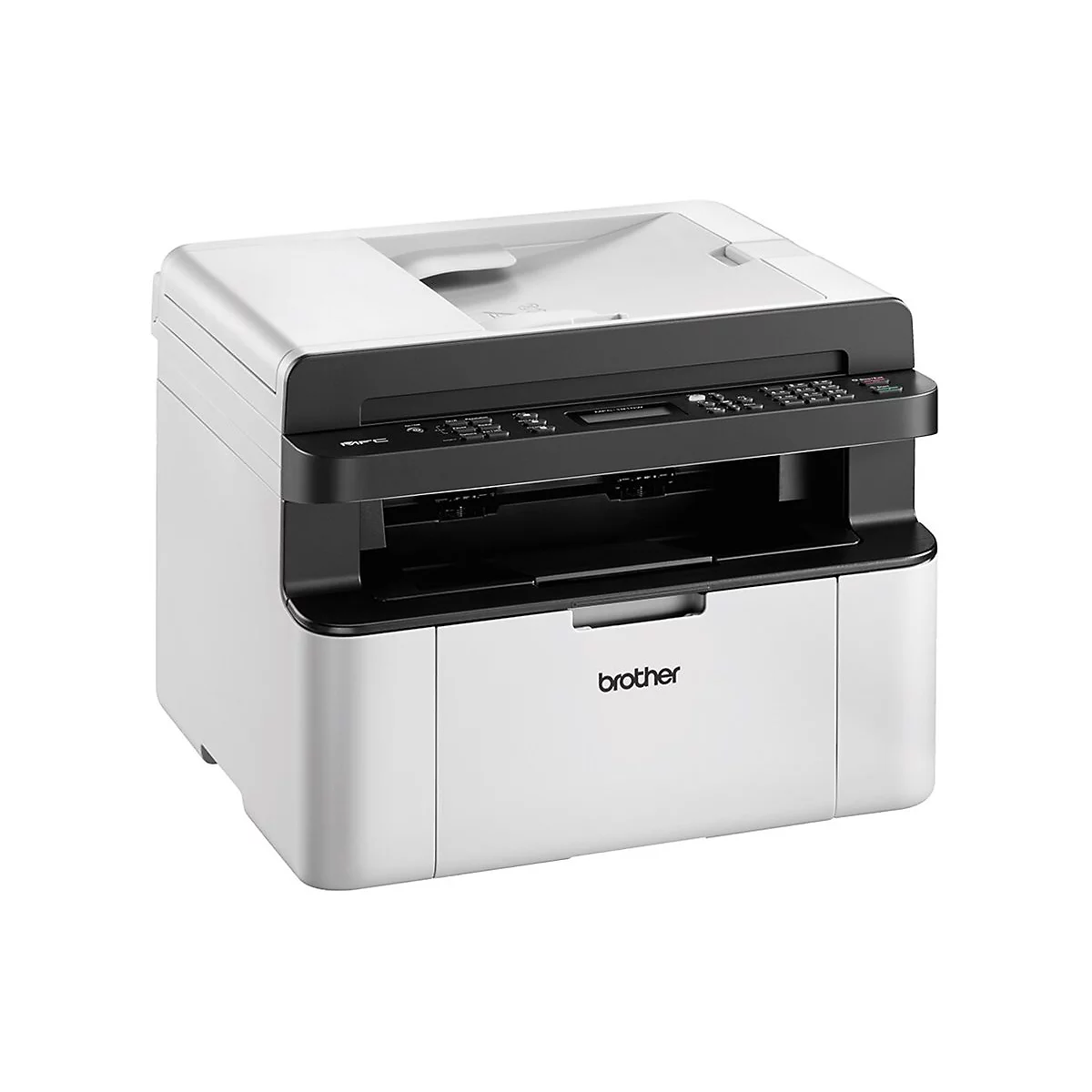 Weißer Brother-Multifunktionsdrucker. Oberseite mit Scanner. Schwarze Bedienleiste und Schublade, darunter. Brother-Logo.