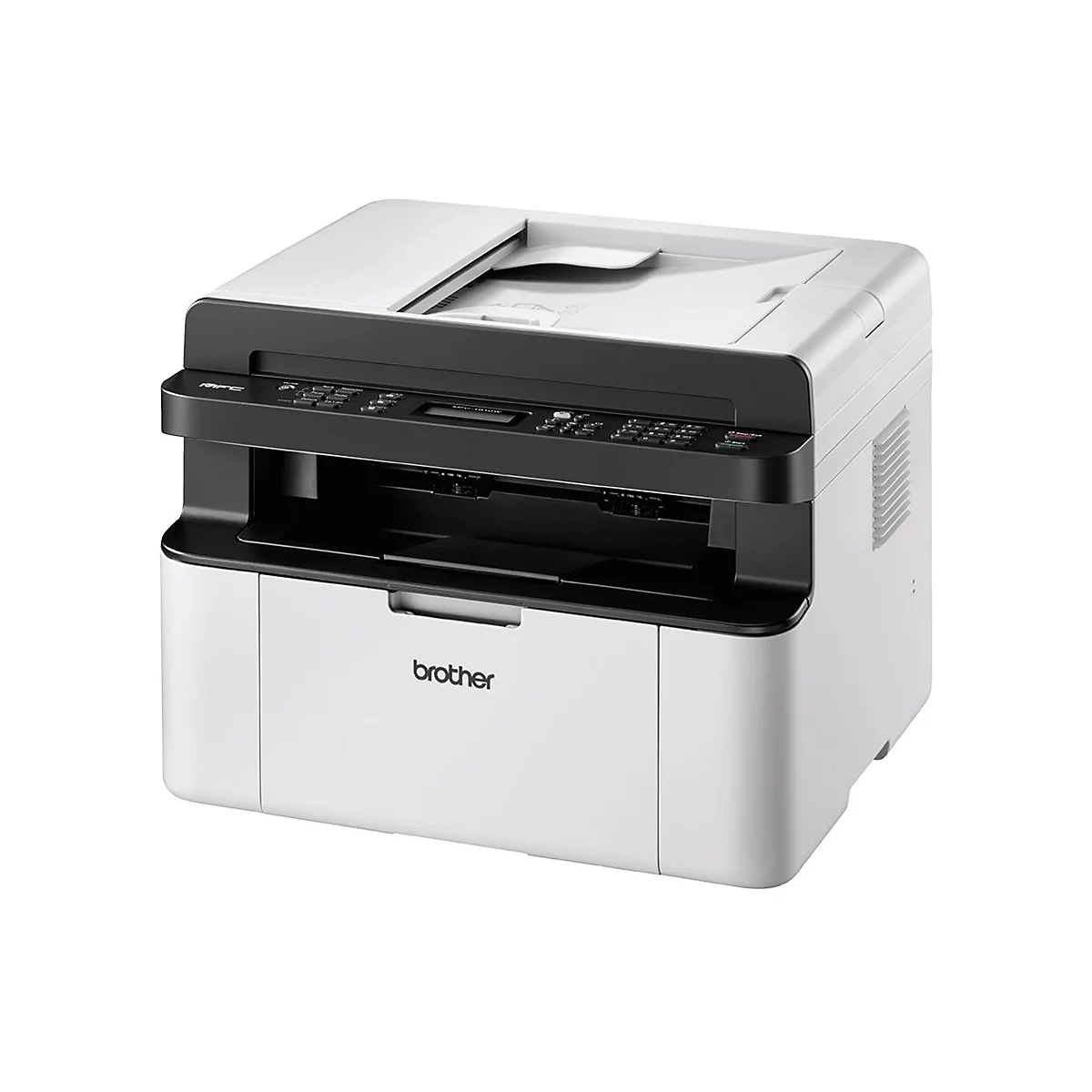 Weißer Multifunktionsdrucker von Brother mit schwarzem Bedienfeld und der Aufschrift "brother".