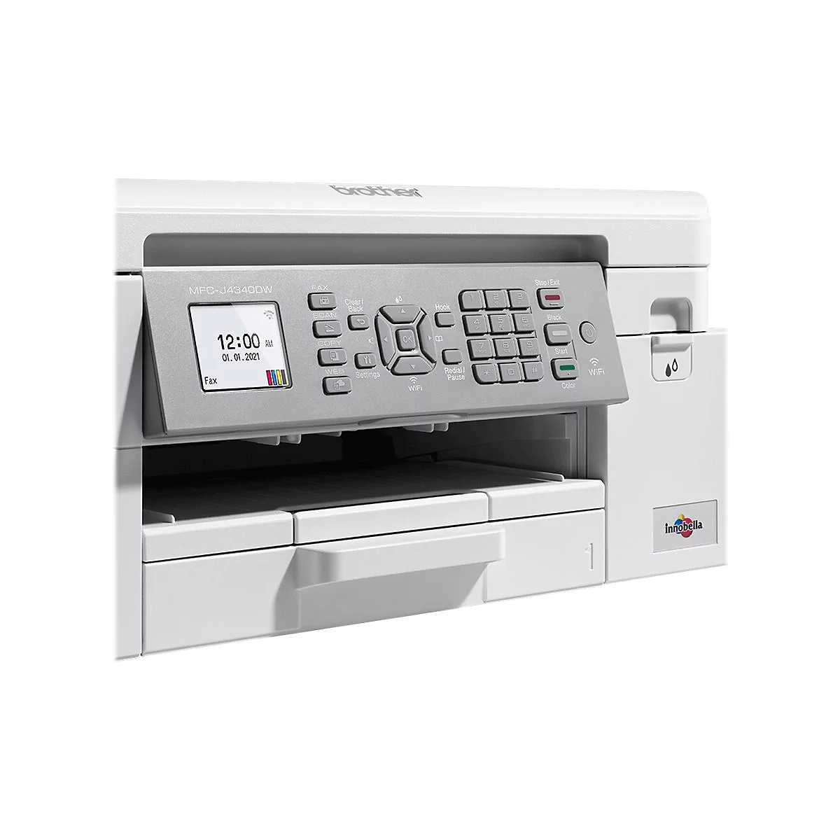 Ein weißer Brother Multifunktionsdrucker. Auf einem grauen Bedienfeld befinden sich Tasten und ein Display mit Uhrzeit und Datum.