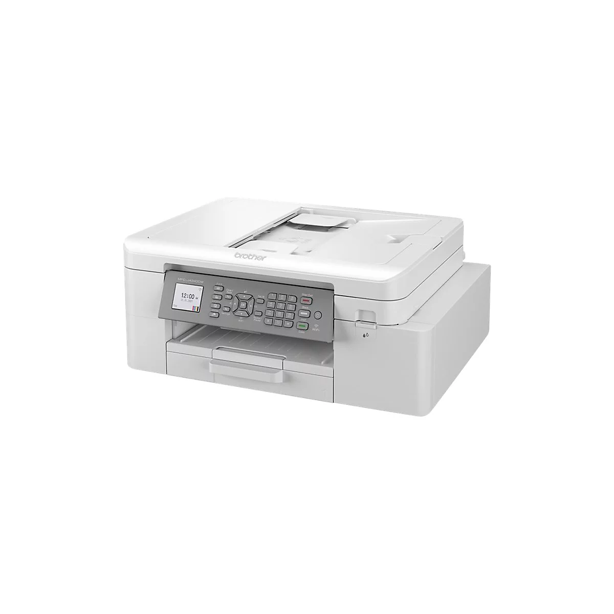 Weißer Brother-Multifunktionsdrucker mit Bedienfeld und Display.