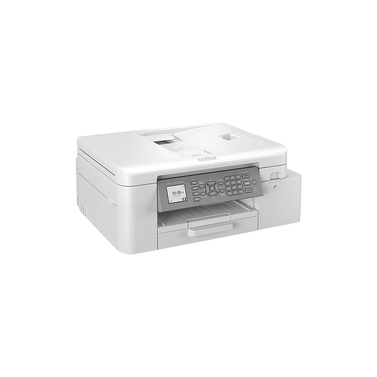 Weißer Multifunktionsdrucker von Brother, Display zeigt 12:00 Uhr an.