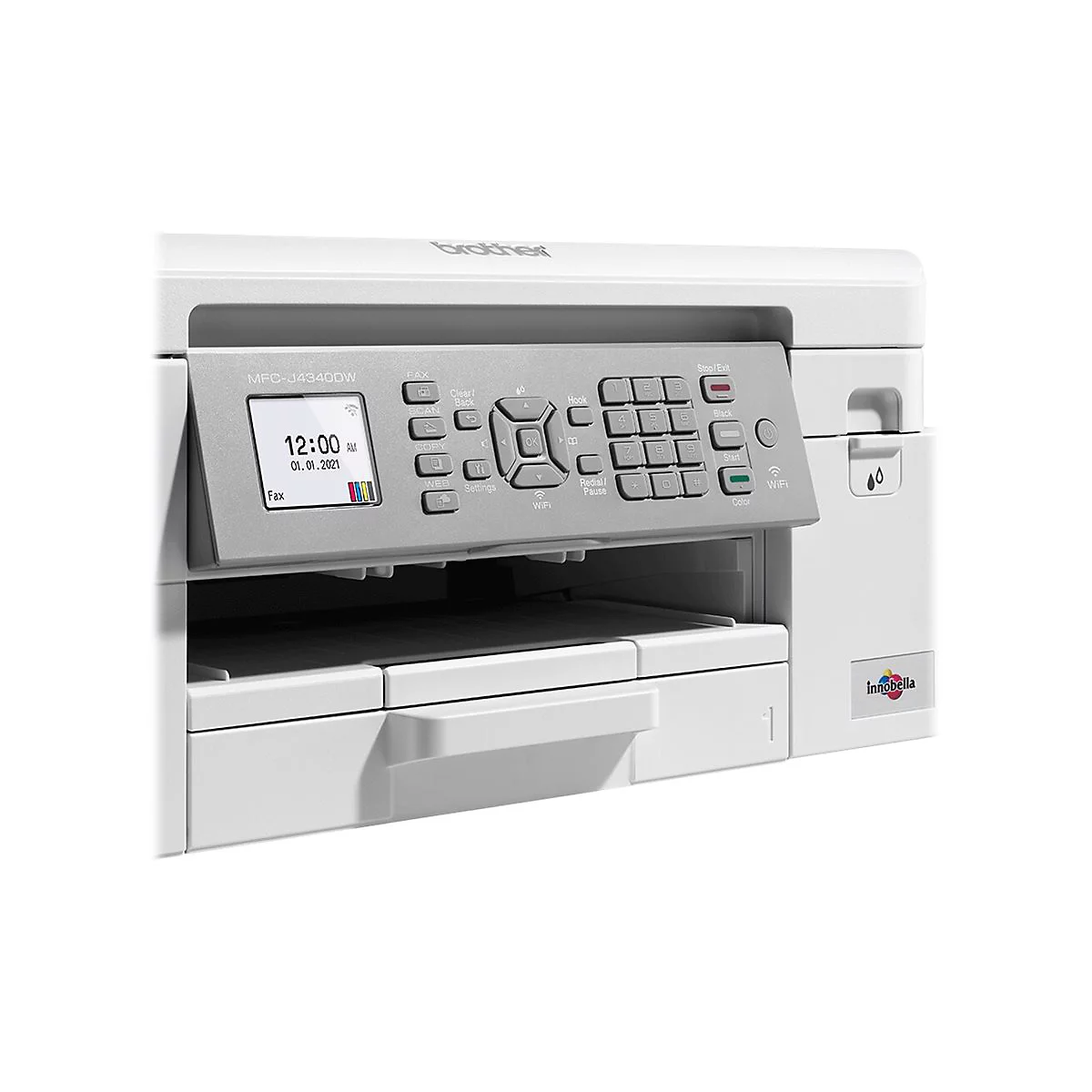 Weißer Multifunktionsdrucker mit Display und Bedienfeld. Uhrzeit: 12:00 Uhr. Datum: 01.01.2021. Brother-Logo.