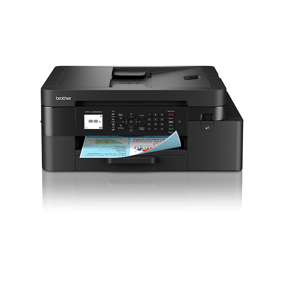 Schwarzer Brother MFC-J4350DW Multifunktionsdrucker mit Bedienfeld und ausgedrucktem Blatt Papier.