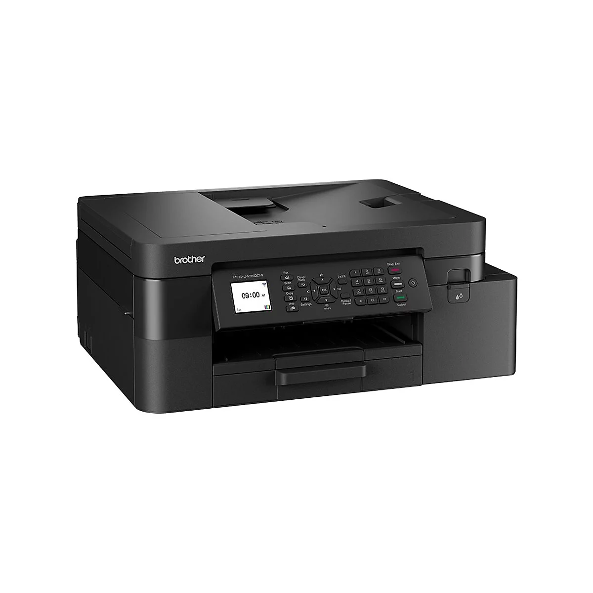 Schwarzer Brother Multifunktionsdrucker MFC-J4340DW mit Bedienfeld und Display vor weißem Hintergrund.