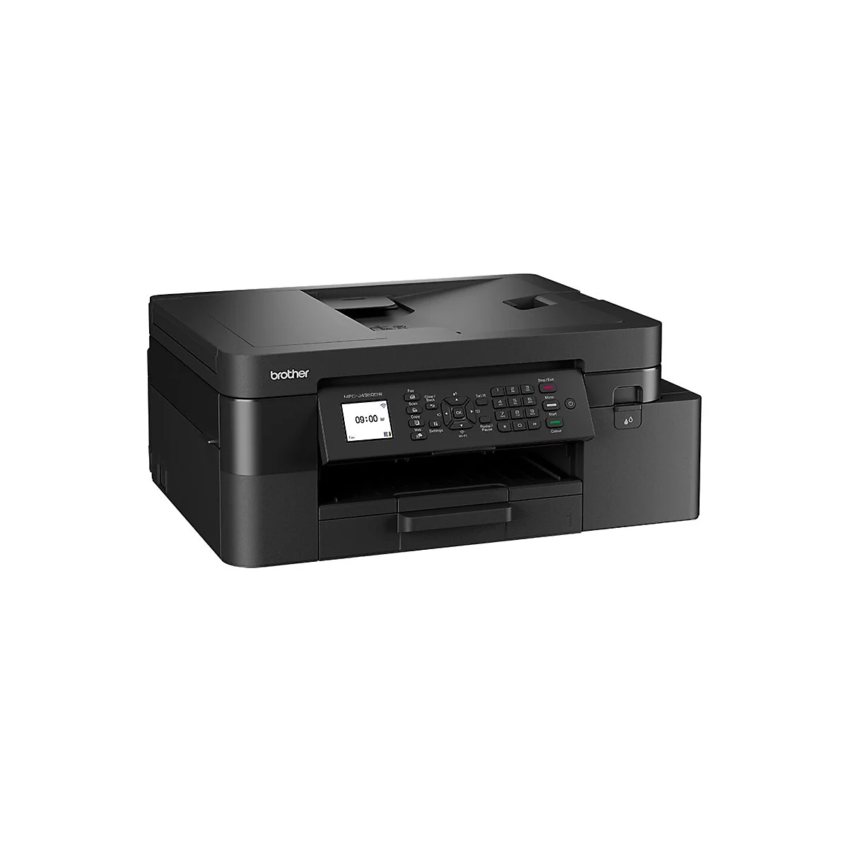 Schwarzer Brother MFC-J4350DW Multifunktionsdrucker mit Bedienfeld und Display vor weißem Hintergrund.