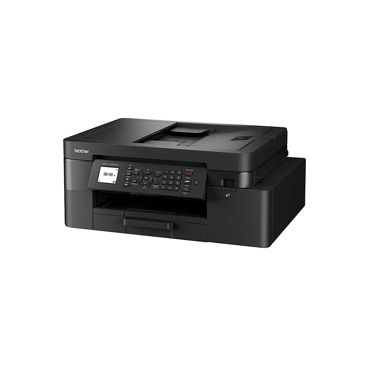 Schwarzer Brother MFC-J4350DW Multifunktionsdrucker vor weißem Hintergrund.