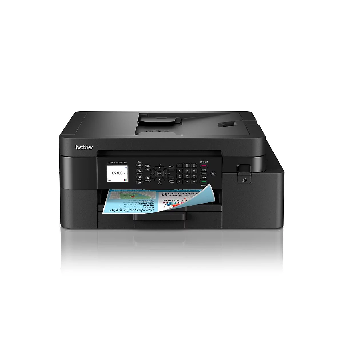Schwarzer Brother MFC-J4350DW Multifunktionsdrucker mit Display, Tastenfeld und ausgedrucktem Blatt Papier.