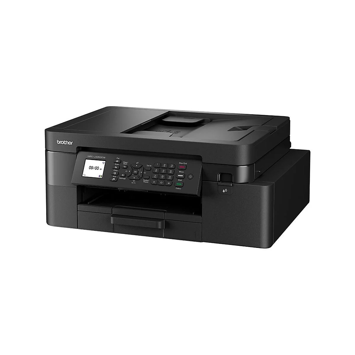 Schwarzer Drucker der Marke Brother, mit Bedienfeld und Display. Auf dem Display ist die Uhrzeit 09:00 zu sehen.